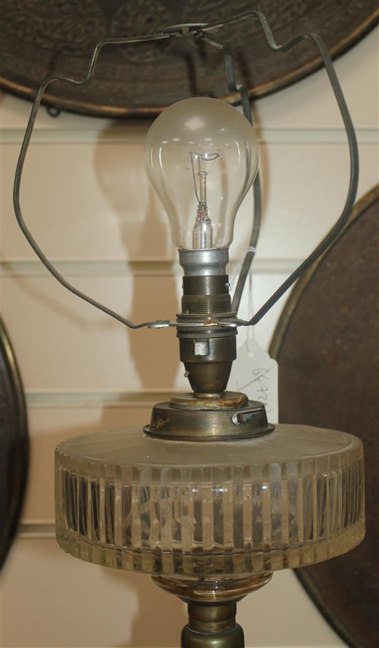 A tall Edwardian cut and frosted glass oil lamp base, 73.5cm to top of fittings